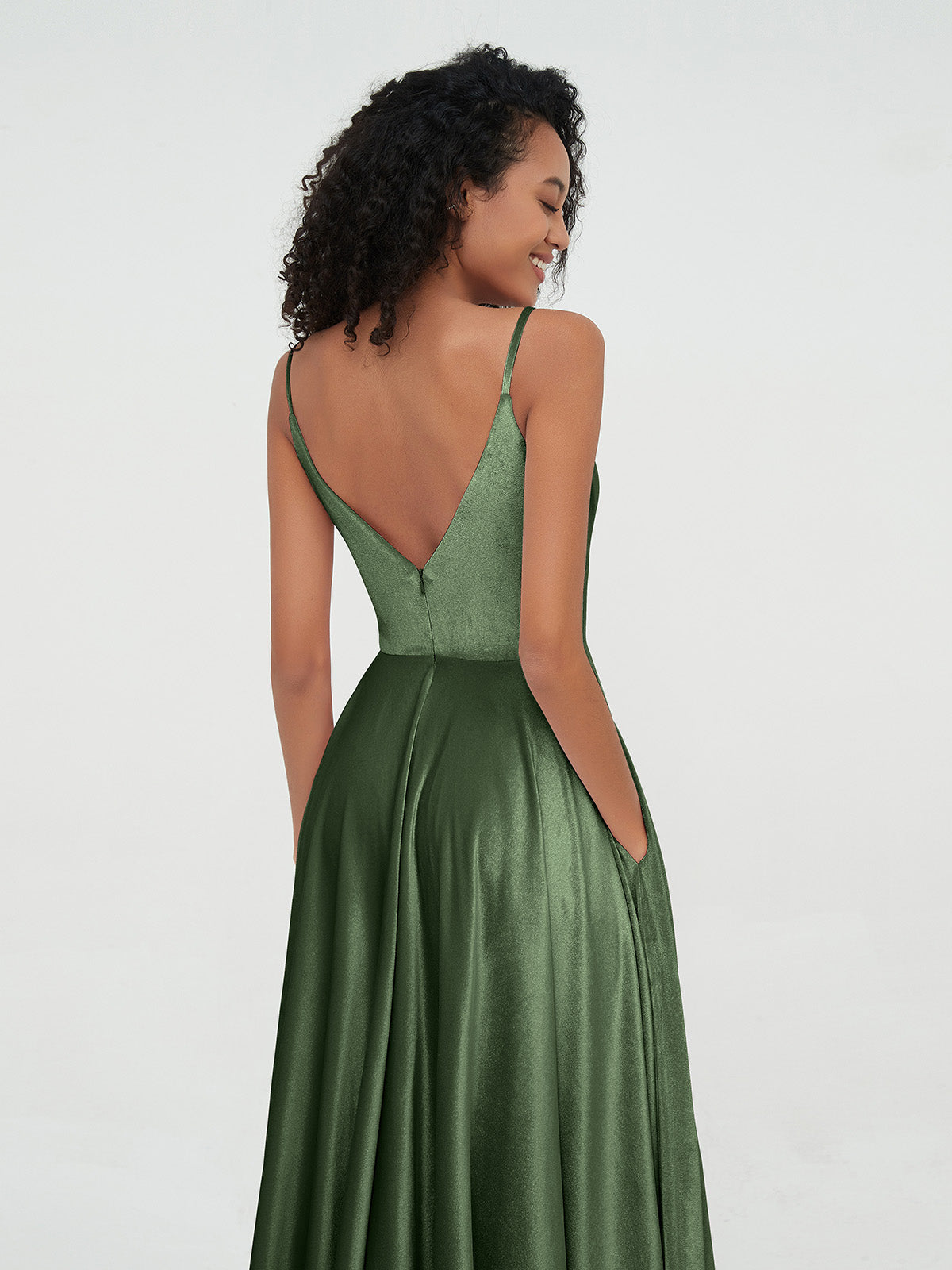 Vestidos de terciopelo midi con tirantes y bolsillos Verde Oliva Tallas Grandes