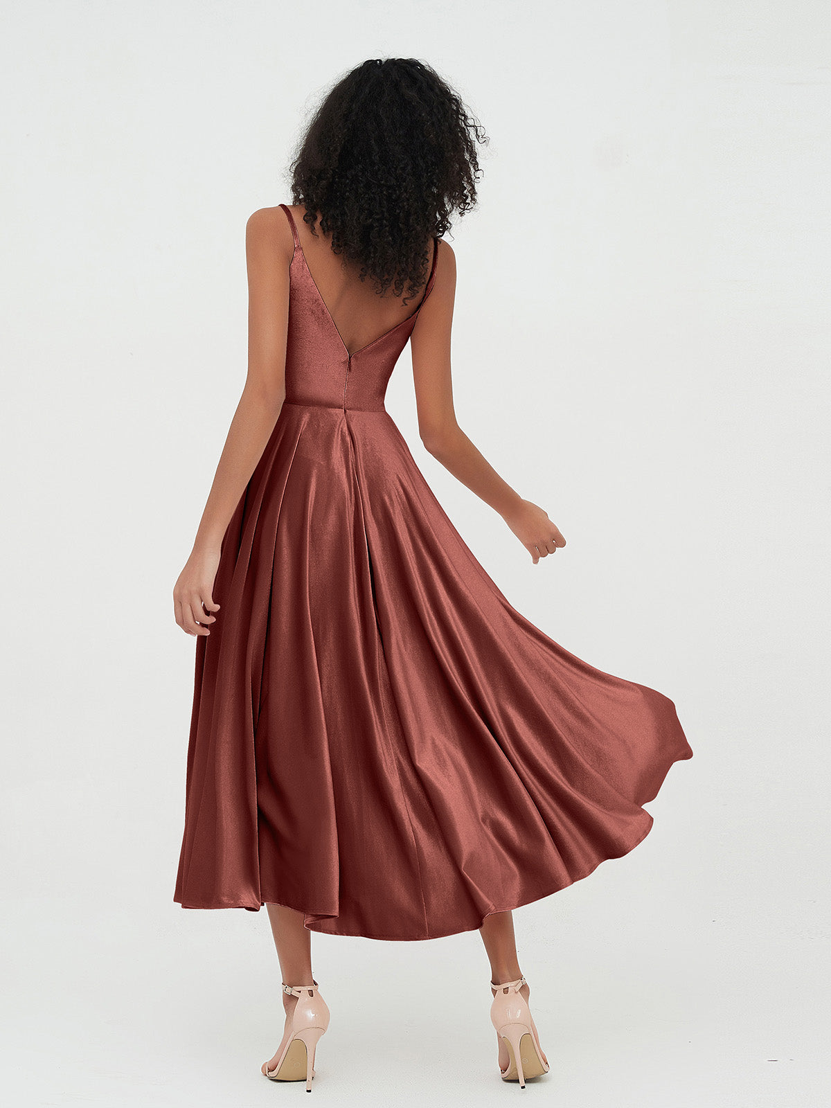 Vestidos de terciopelo midi con tirantes y bolsillos Terracota Tallas Grandes