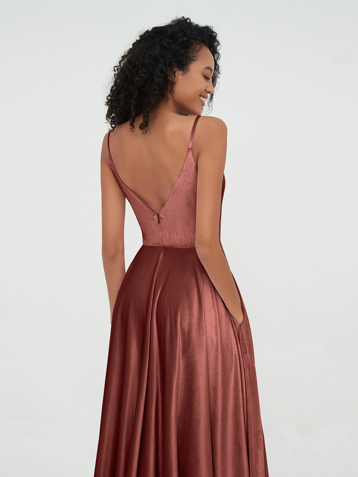 Vestidos de terciopelo midi con tirantes y bolsillos Terracota Tallas Grandes