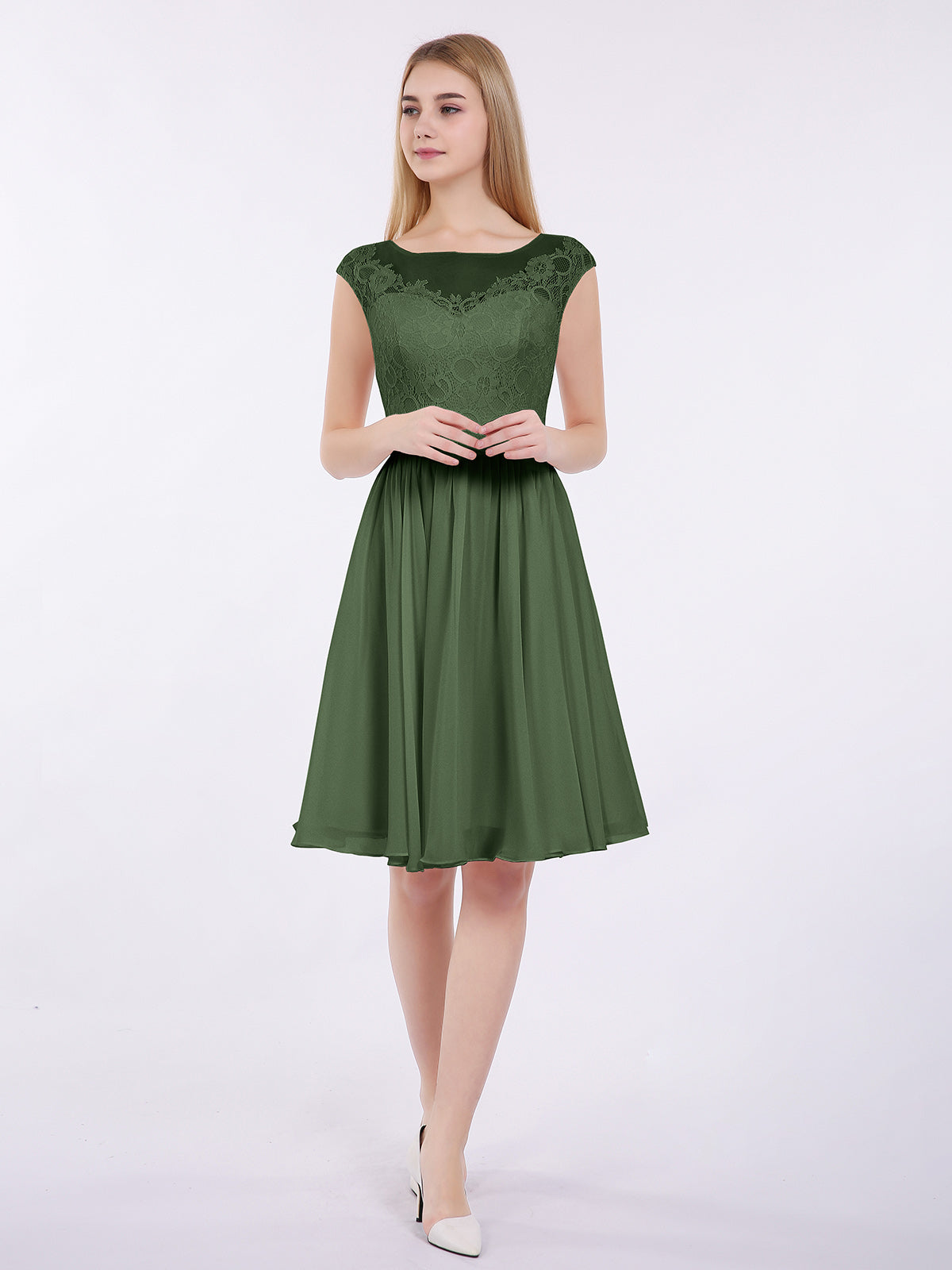 Erica Gasa Y Encaje Corto Corte De Dama De Honor Verde Oliva Tallas Grandes