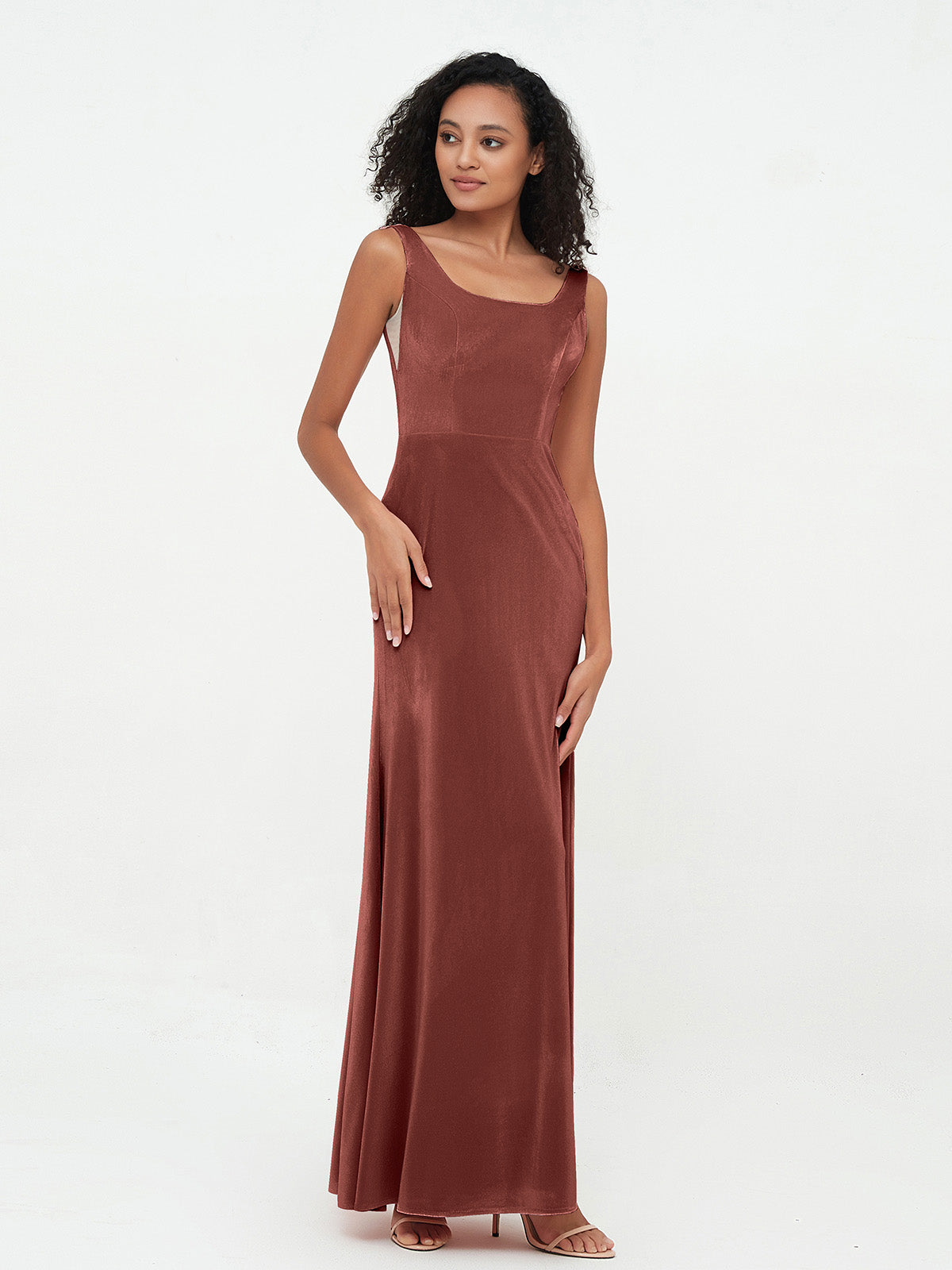 Vestidos largos de terciopelo estilo sirena con cuello barco Terracota
