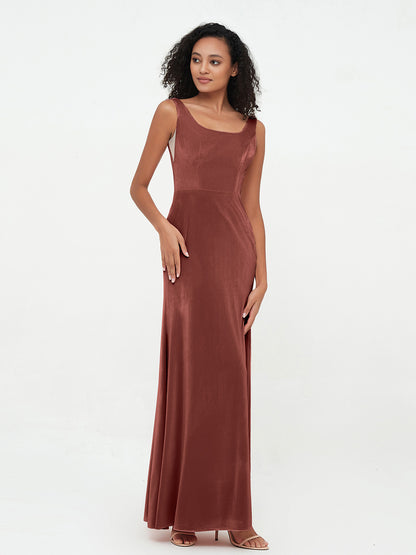 Vestidos largos de terciopelo estilo sirena con cuello barco Terracota Tallas Grandes