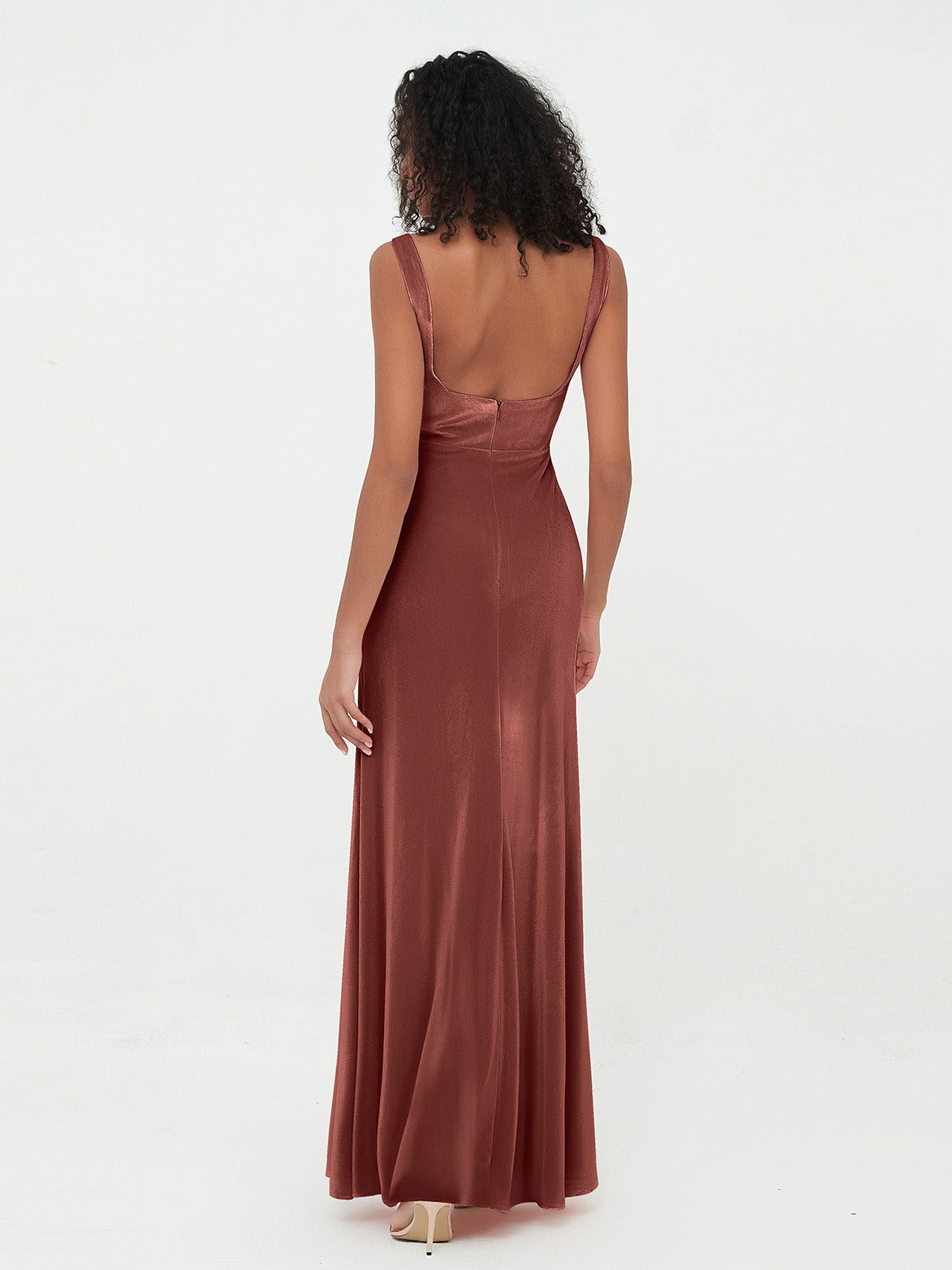Vestidos largos de terciopelo estilo sirena con cuello barco Terracota Tallas Grandes