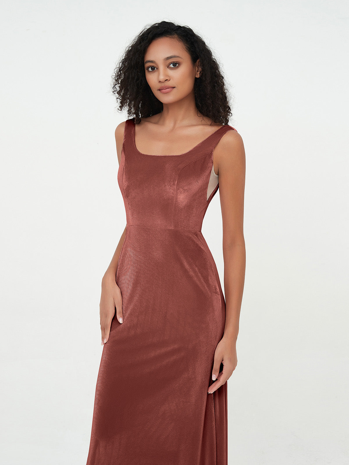Vestidos largos de terciopelo estilo sirena con cuello barco Terracota