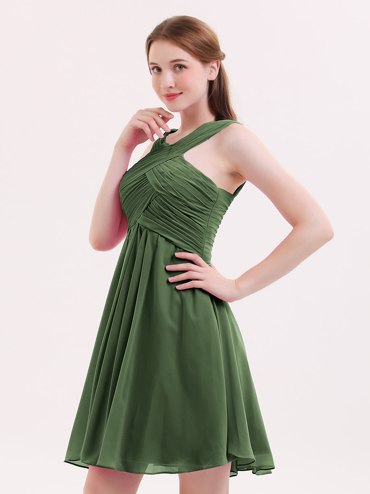 Ethel Cruzado Delante Imperial Cintura Corto Vestido De Dama De Honor Verde Oliva Tallas Grandes