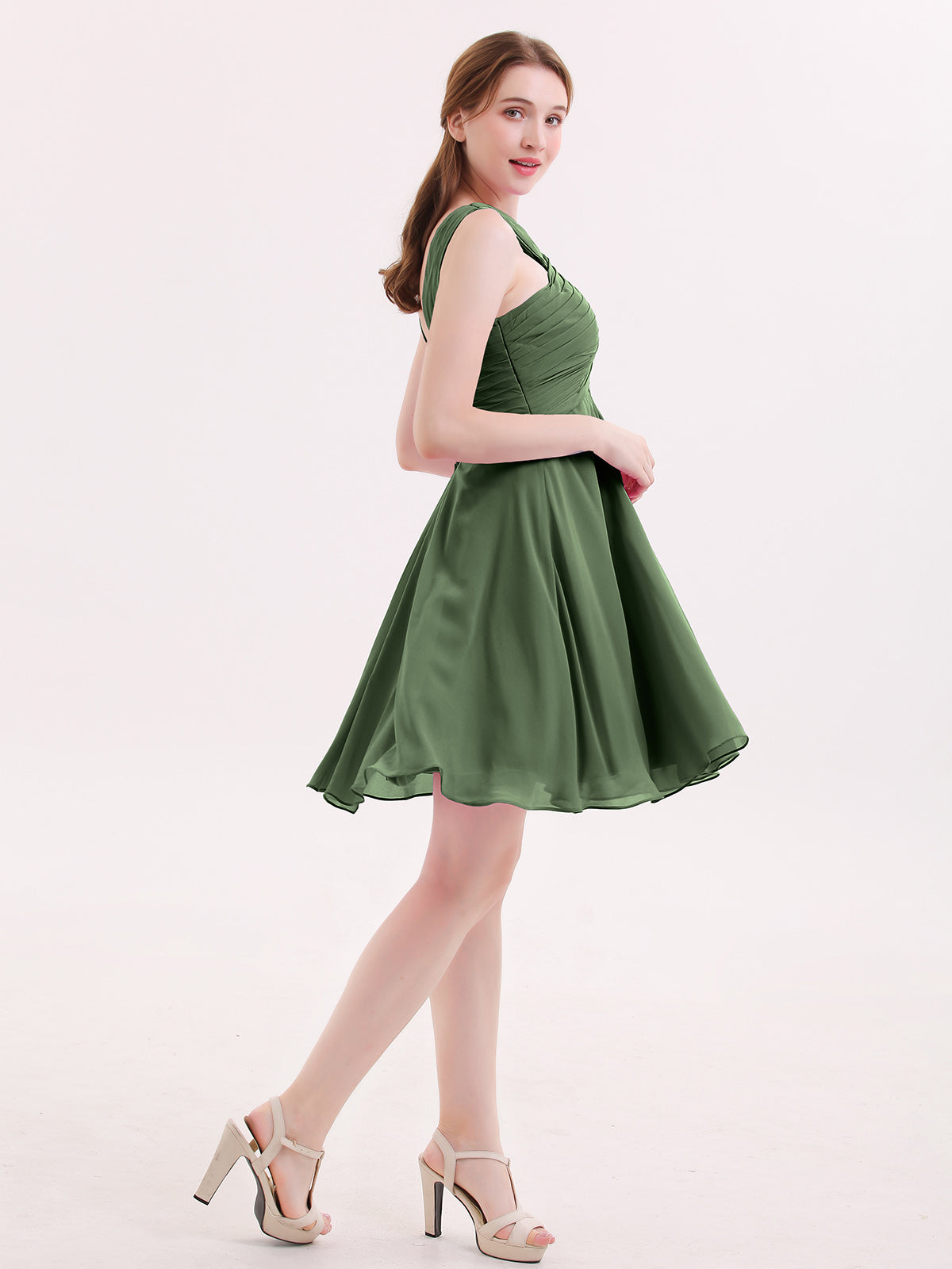 Ethel Cruzado Delante Imperial Cintura Corto Vestido De Dama De Honor Verde Oliva Tallas Grandes