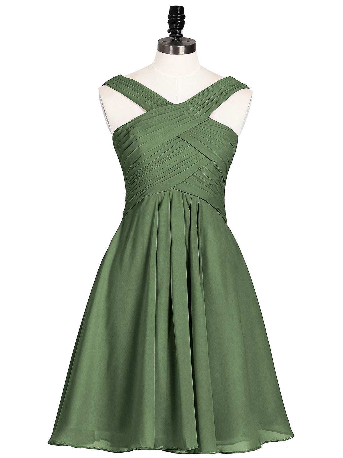 Ethel Cruzado Delante Imperial Cintura Corto Vestido De Dama De Honor Verde Oliva