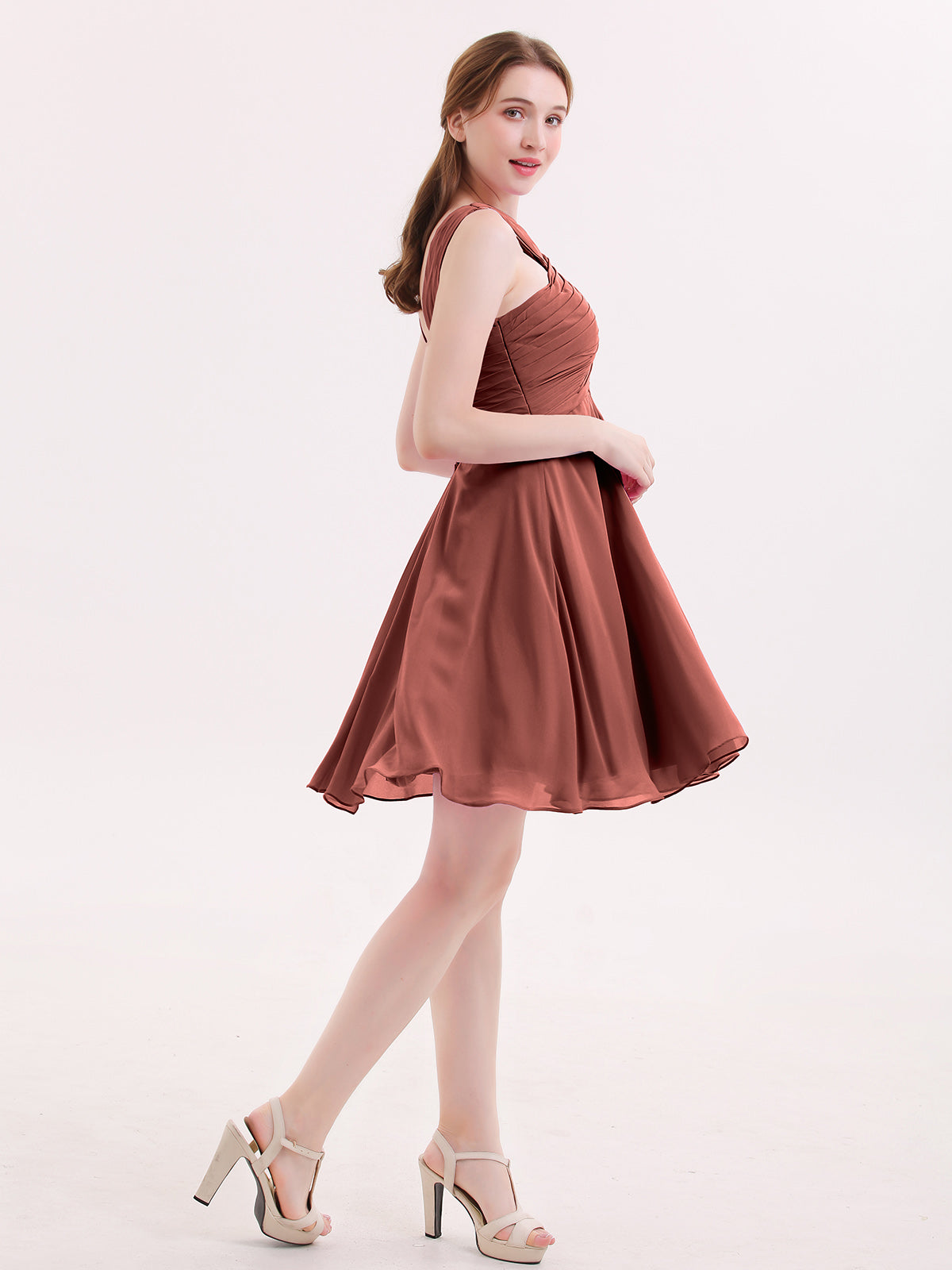 Ethel Cruzado Delante Imperial Cintura Corto Vestido De Dama De Honor Terracota