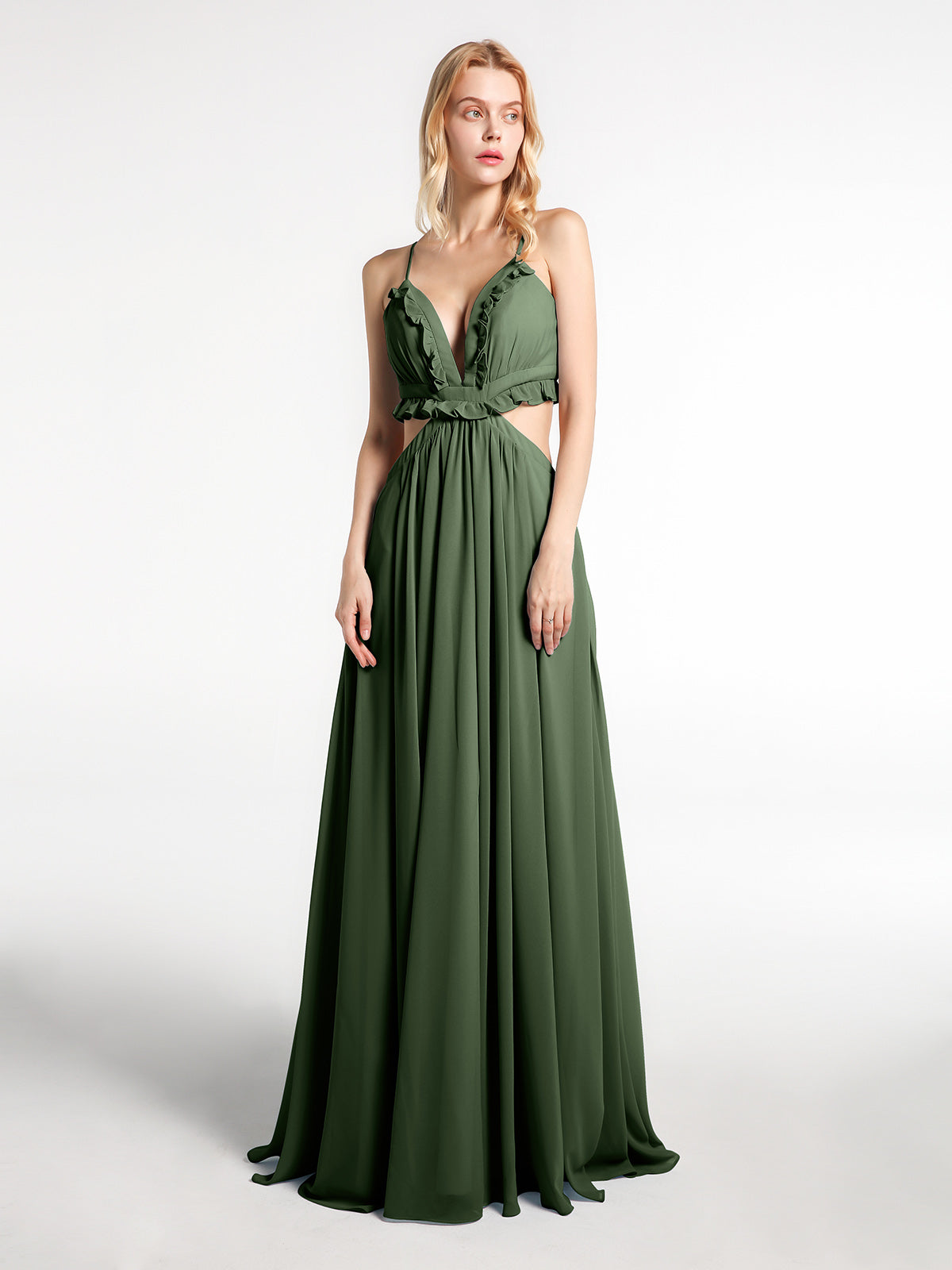 Vestido sexy maxi de chiffon con tirantes finos y detalles de volantes recortados Verde Oliva