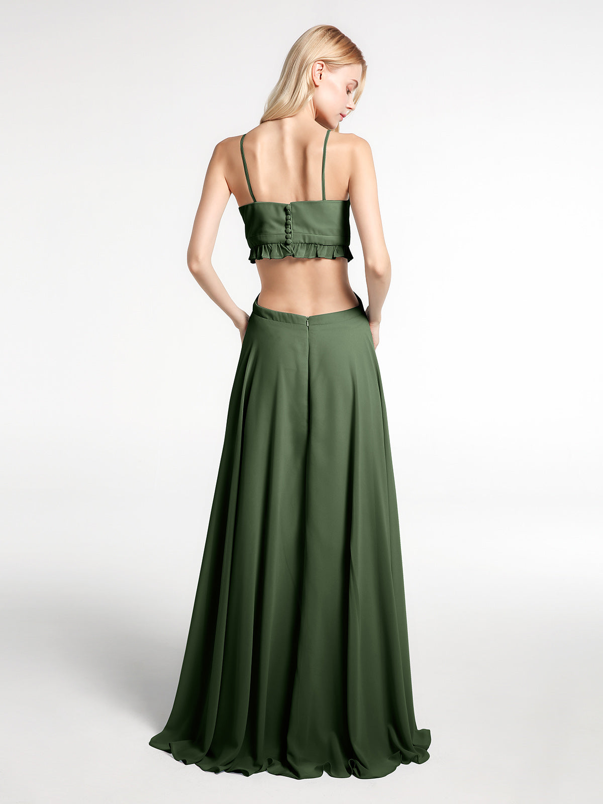 Vestido sexy maxi de chiffon con tirantes finos y detalles de volantes recortados Verde Oliva