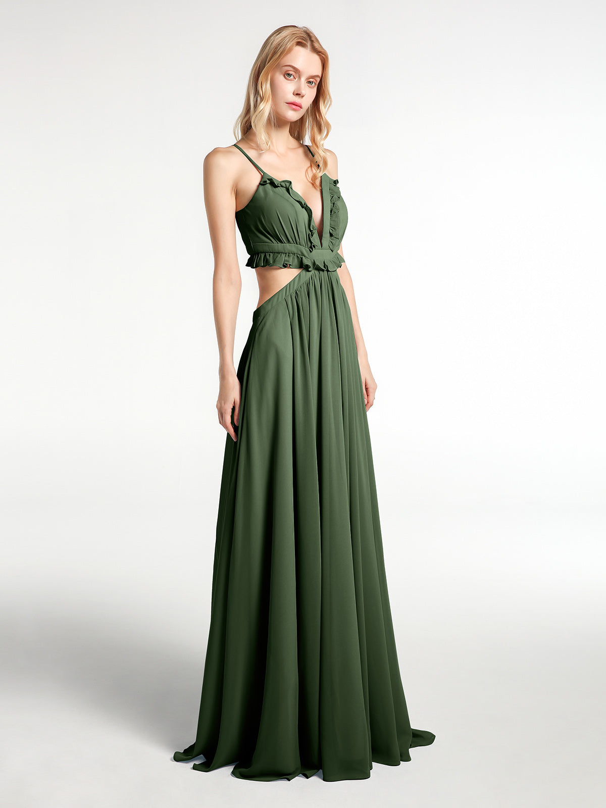 Vestido sexy maxi de chiffon con tirantes finos y detalles de volantes recortados Verde Oliva