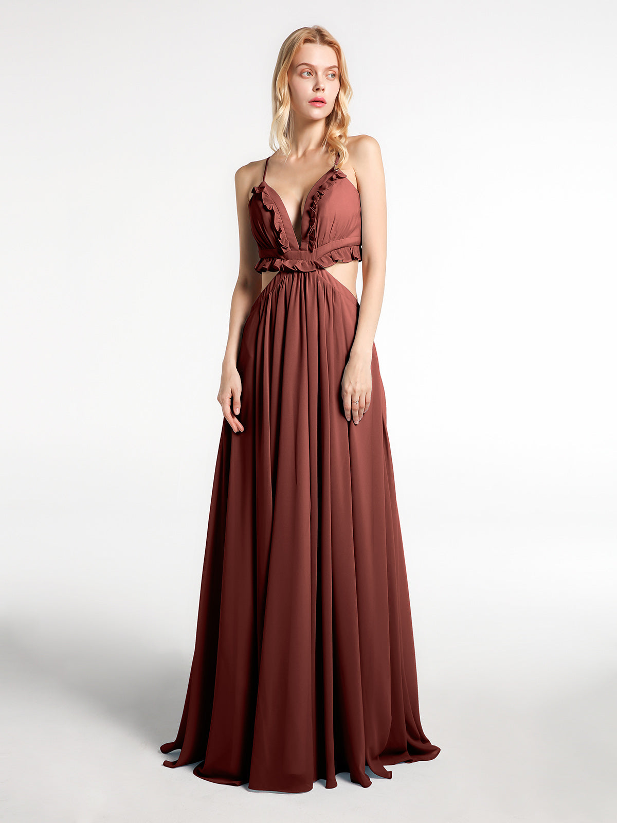 Vestido sexy maxi de chiffon con tirantes finos y detalles de volantes recortados Terracota