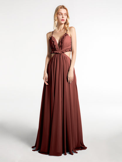 Vestido sexy maxi de chiffon con tirantes finos y detalles de volantes recortados Terracota