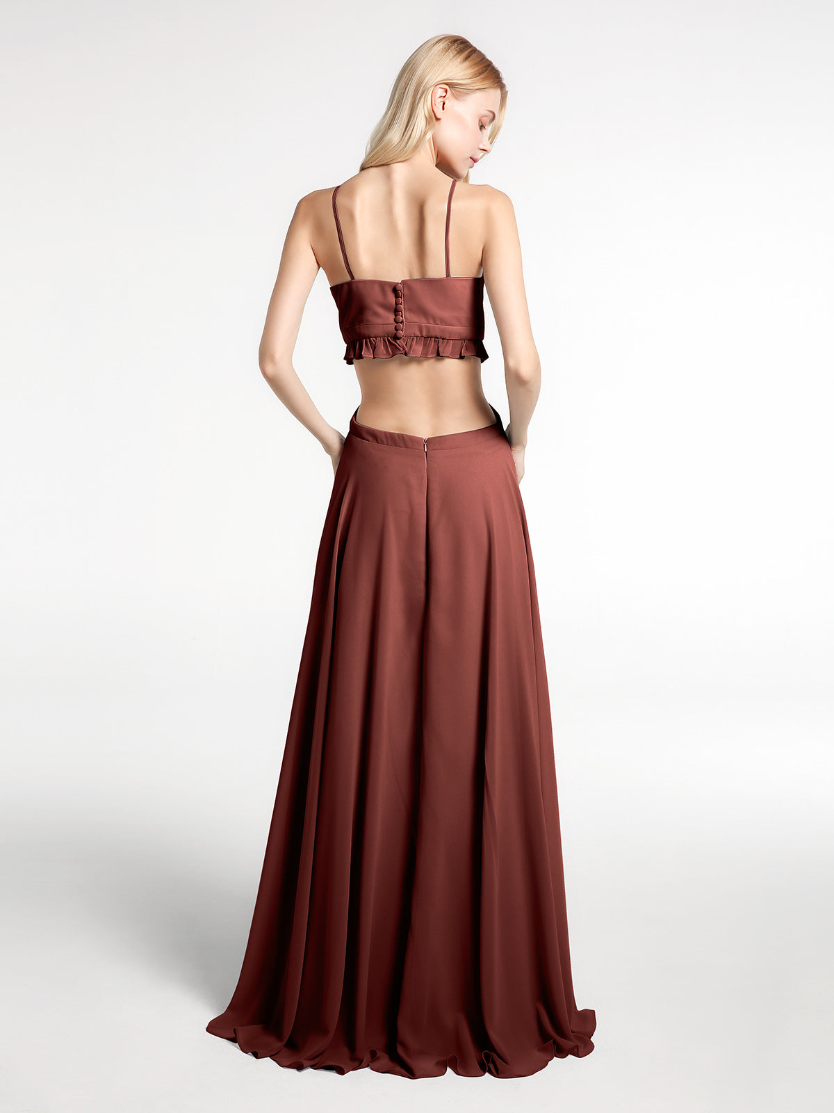 Vestido sexy maxi de chiffon con tirantes finos y detalles de volantes recortados Terracota Tallas Grandes