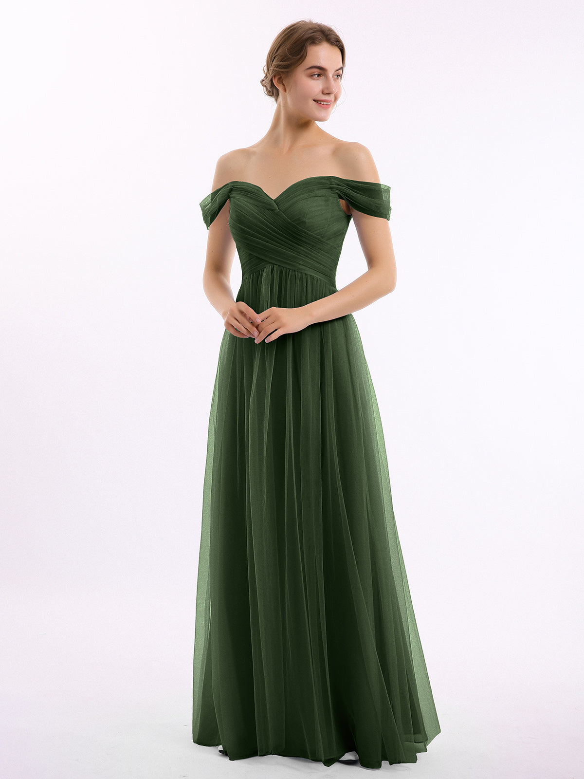 Vestido de tul con escote en hombros caídos y escote en corazón Verde Oliva