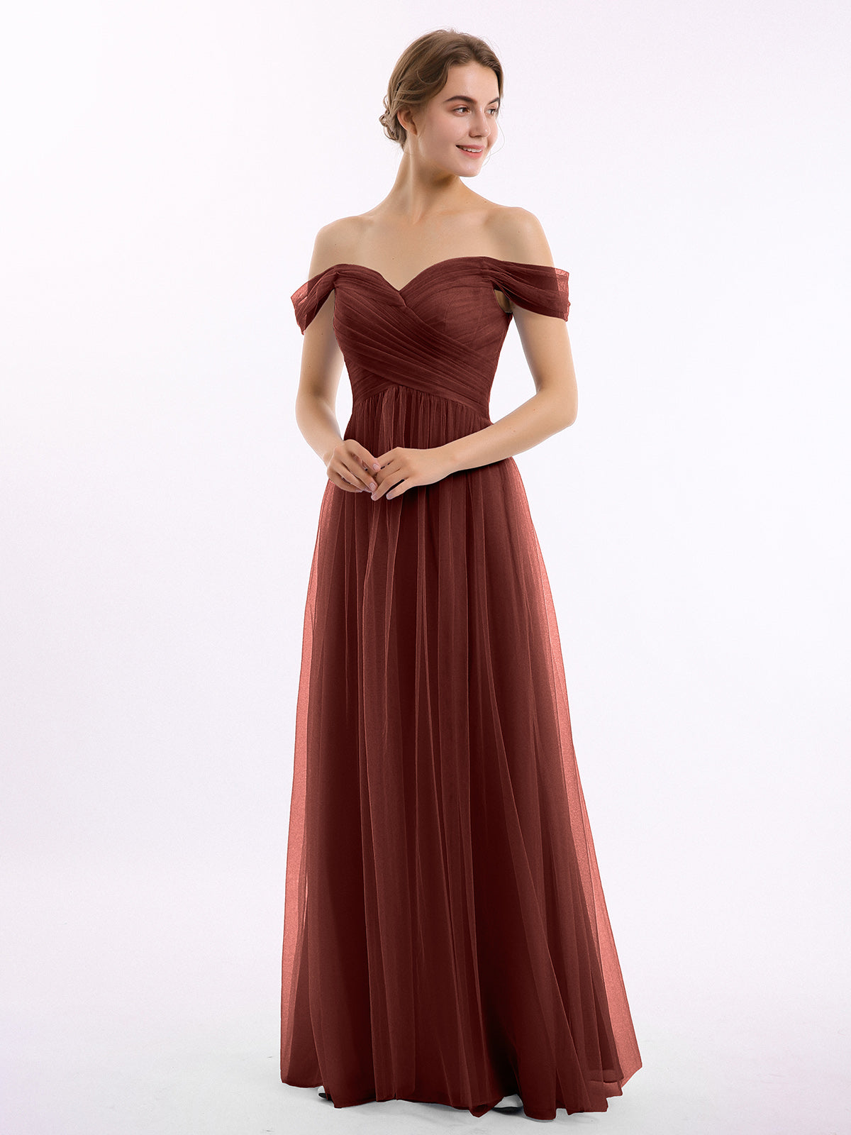 Vestido de tul con escote en hombros caídos y escote en corazón Terracota