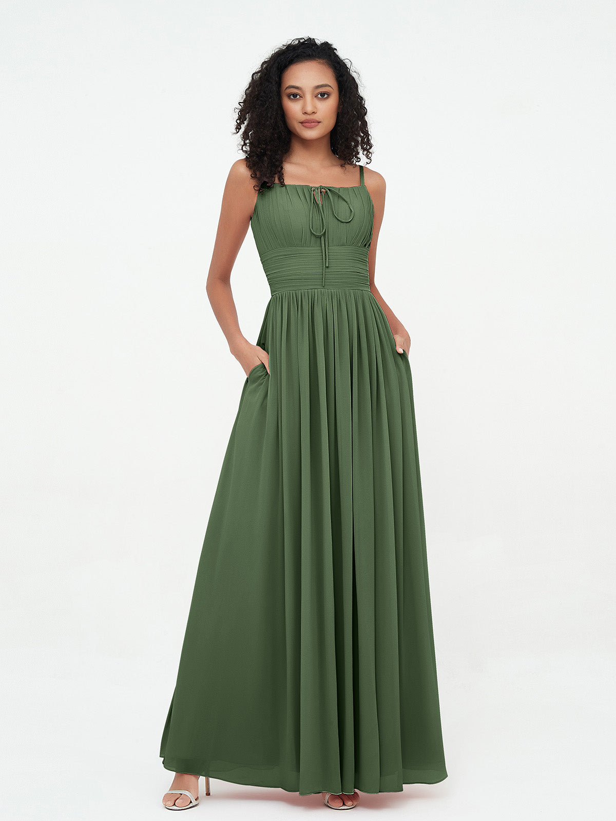 Vestidos máximos de chiffon con escote cuadrado y bolsillos Verde Oliva