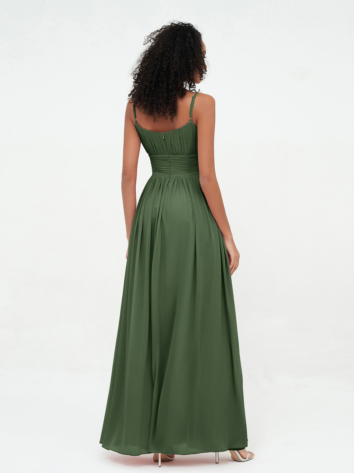 Vestidos máximos de chiffon con escote cuadrado y bolsillos Verde Oliva