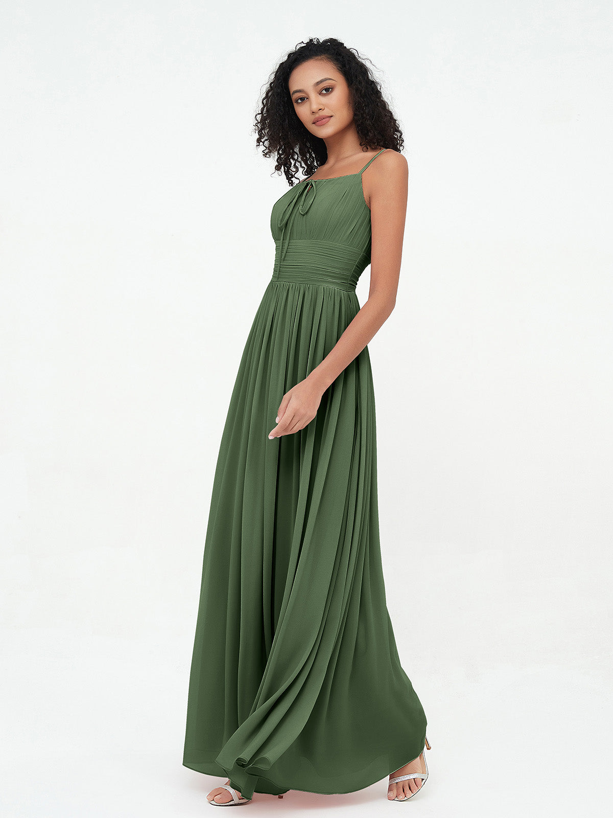 Vestidos máximos de chiffon con escote cuadrado y bolsillos Verde Oliva