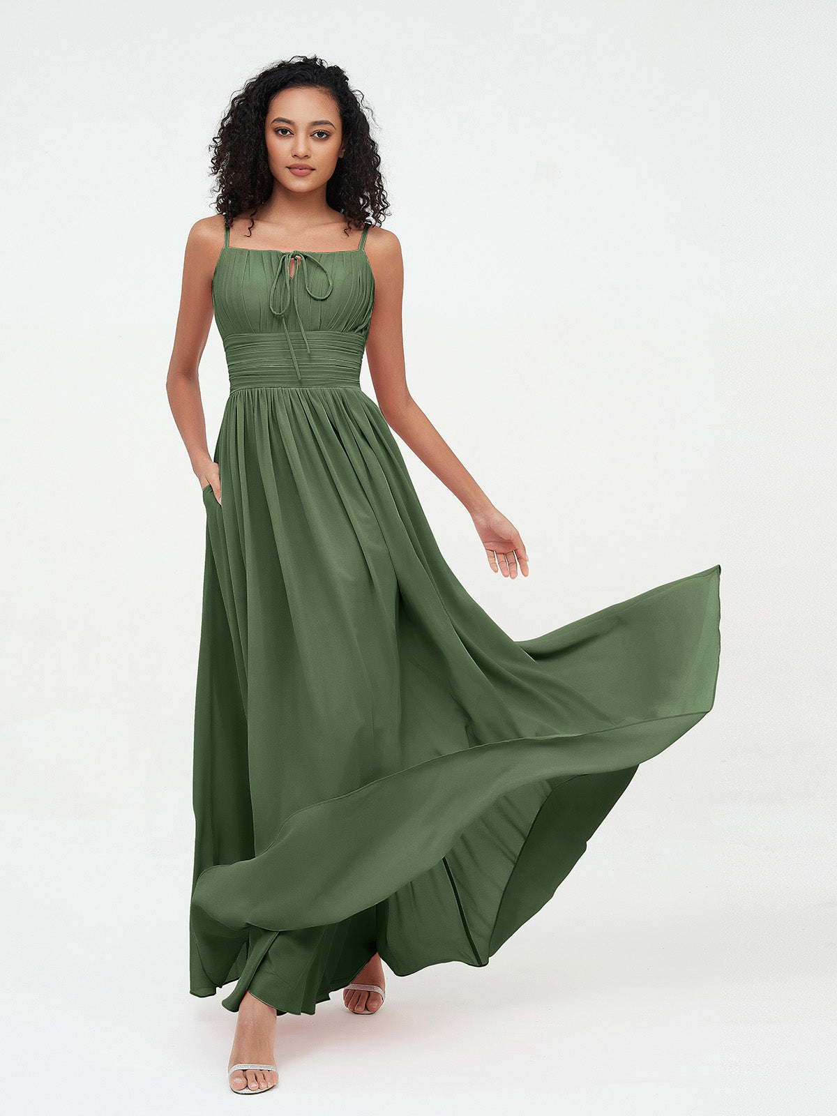 Vestidos máximos de chiffon con escote cuadrado y bolsillos Verde Oliva