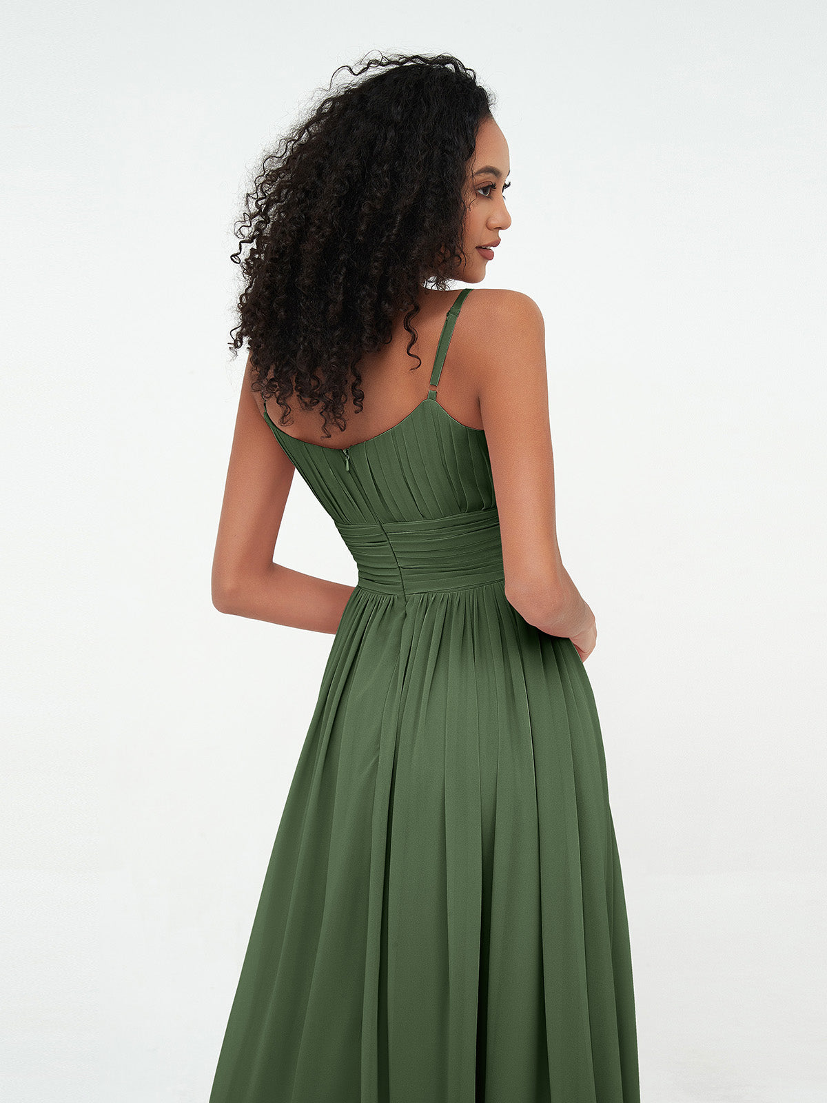 Vestidos máximos de chiffon con escote cuadrado y bolsillos Verde Oliva