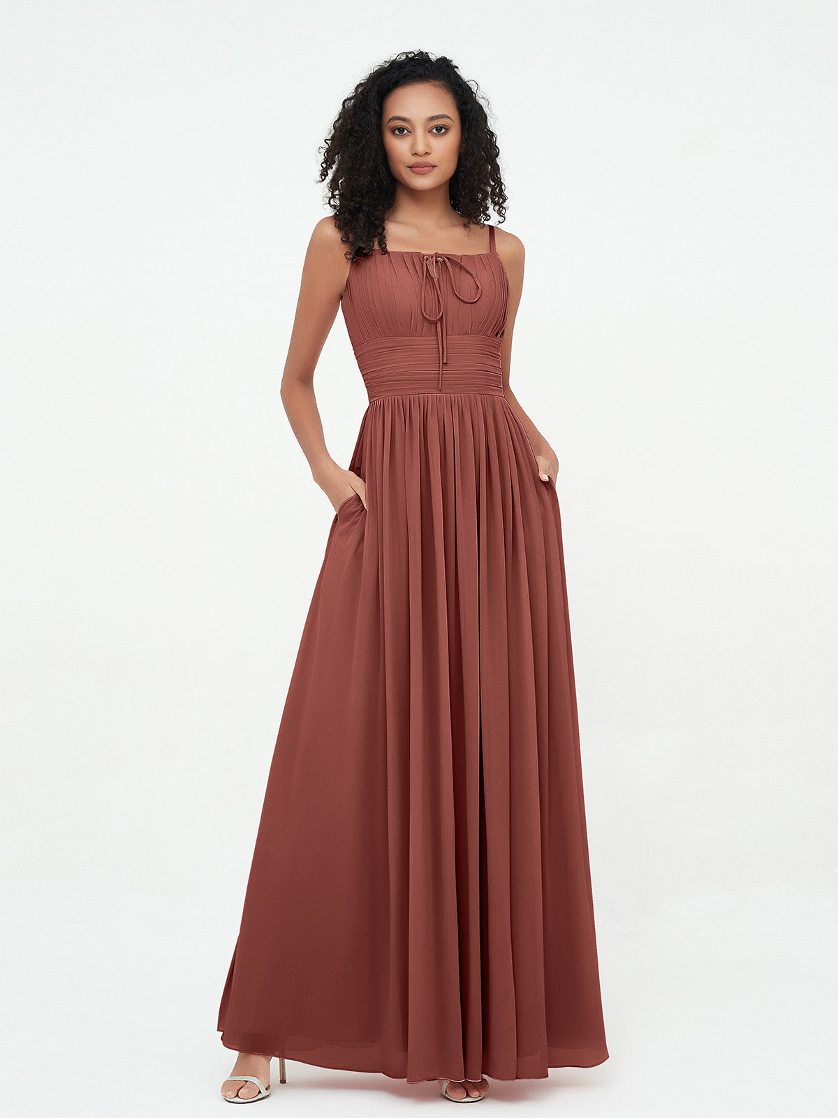 Vestidos máximos de chiffon con escote cuadrado y bolsillos Terracota Tallas Grandes