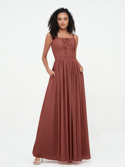 Vestidos máximos de chiffon con escote cuadrado y bolsillos Terracota Tallas Grandes