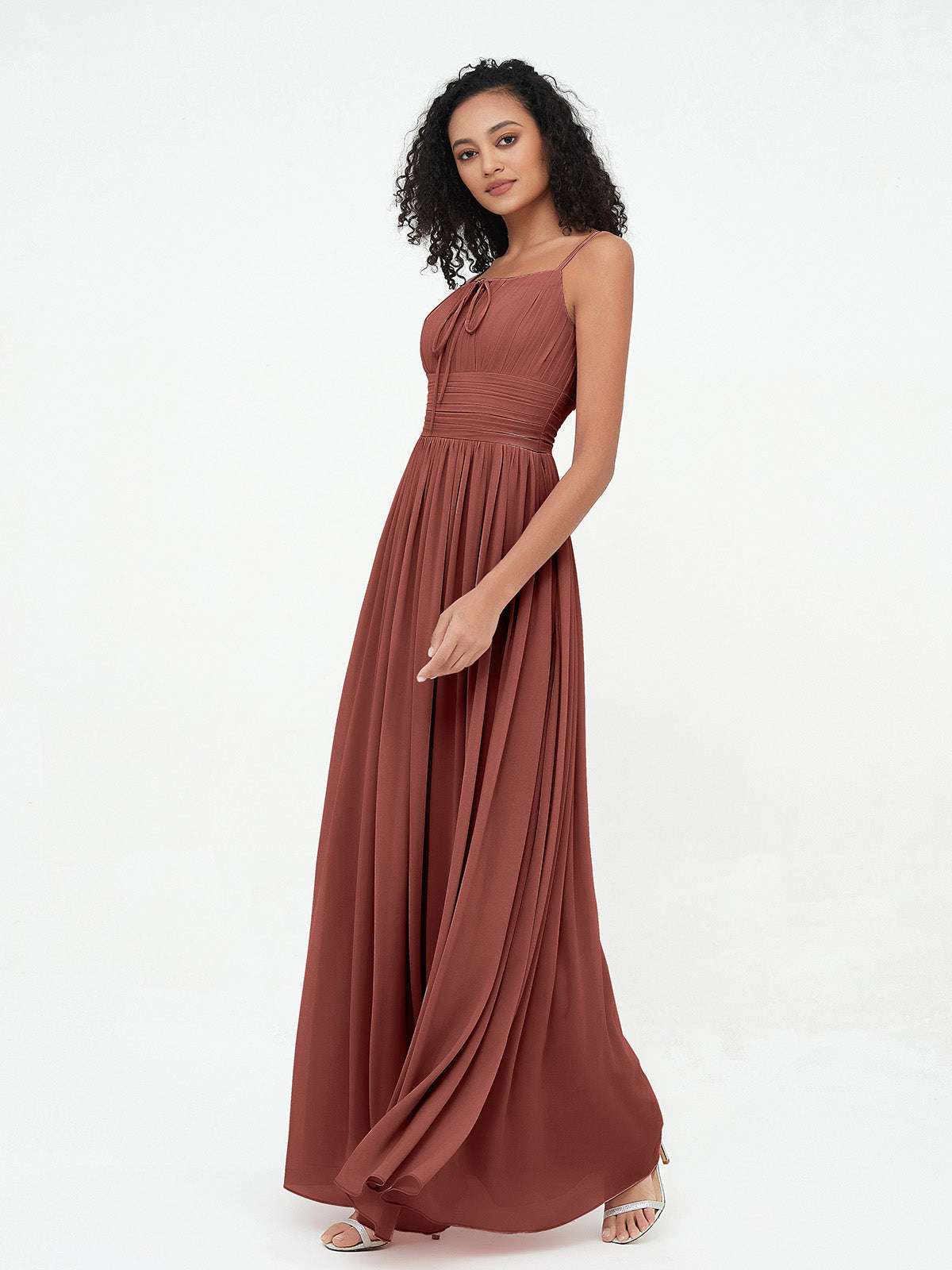 Vestidos máximos de chiffon con escote cuadrado y bolsillos Terracota Tallas Grandes