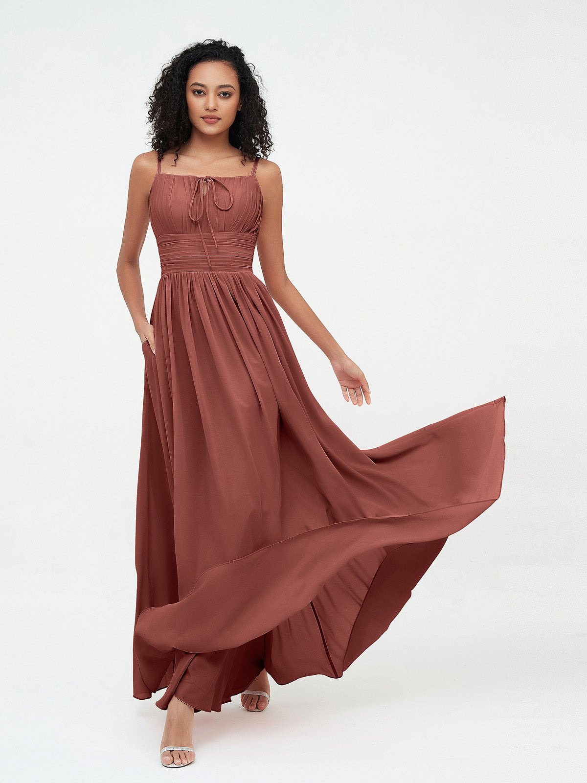 Vestidos máximos de chiffon con escote cuadrado y bolsillos Terracota Tallas Grandes