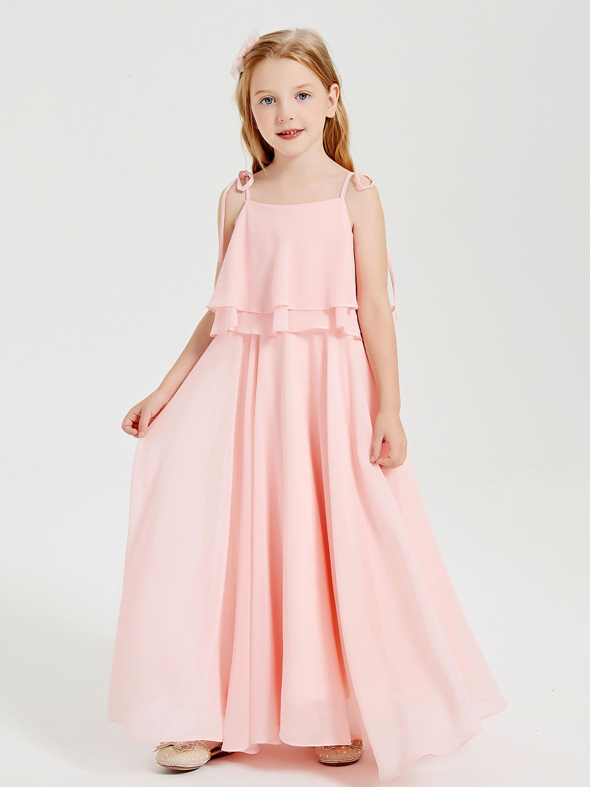 Vestidos De Dama De Honor Junior De Chifón Con Falda Larga De Cascada Verde