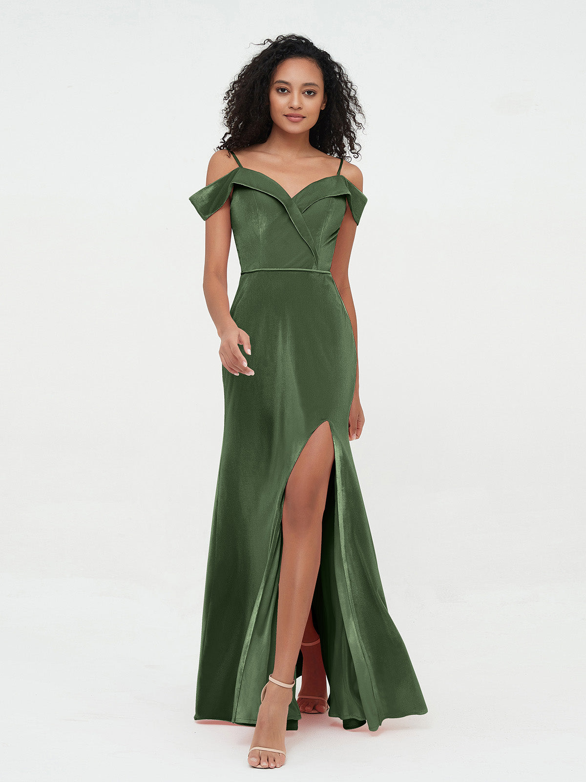 Vestidos máximos de terciopelo con hombros descubiertos y abertura Verde Oliva Tallas Grandes
