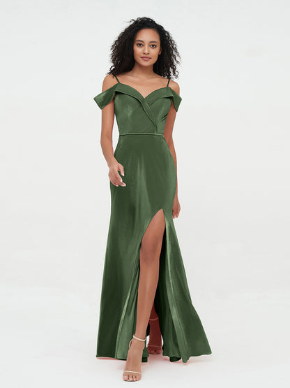 Vestidos máximos de terciopelo con hombros descubiertos y abertura Verde Oliva Tallas Grandes