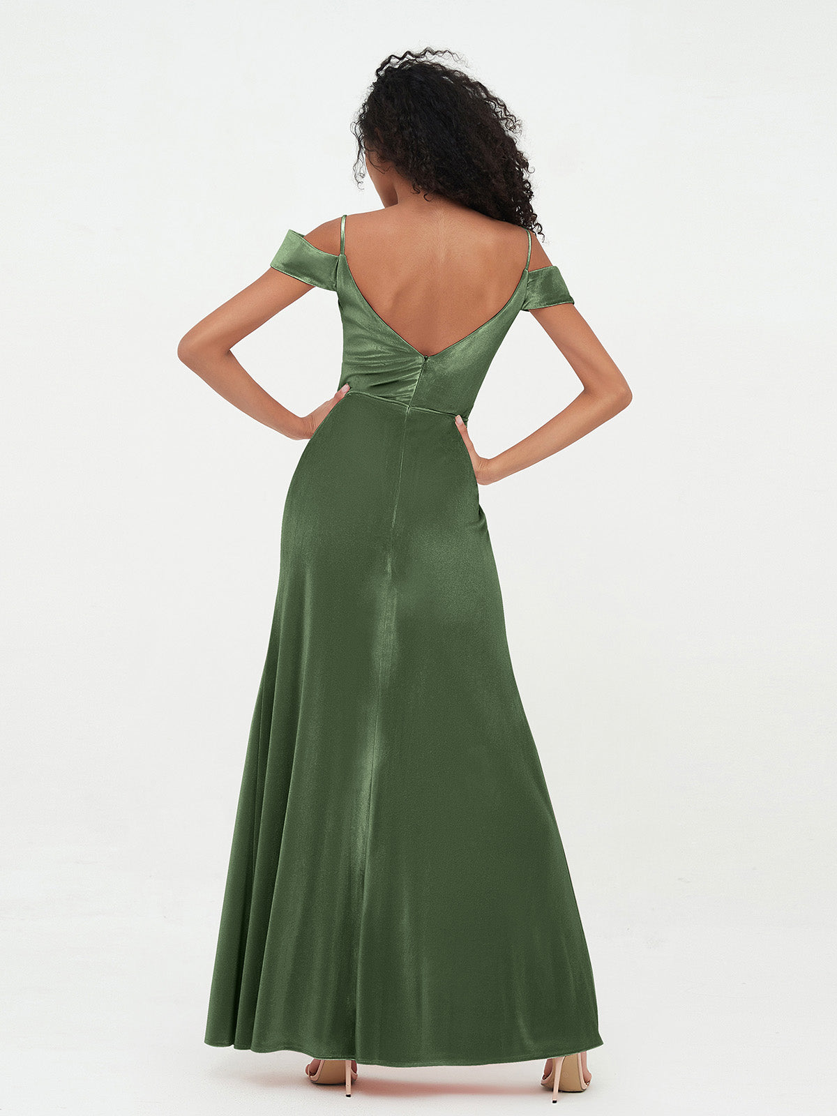 Vestidos máximos de terciopelo con hombros descubiertos y abertura Verde Oliva Tallas Grandes