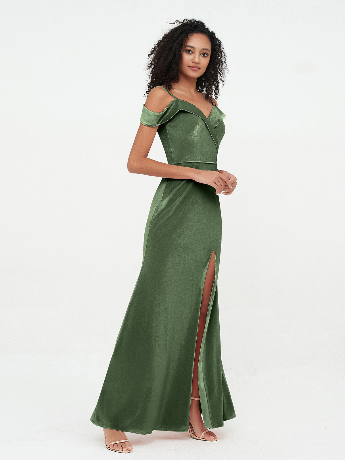 Vestidos máximos de terciopelo con hombros descubiertos y abertura Verde Oliva Tallas Grandes