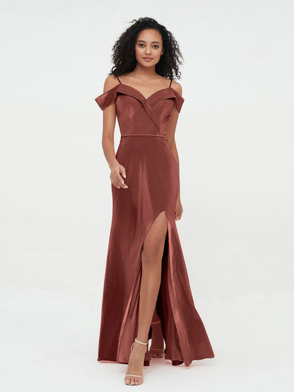 Vestidos máximos de terciopelo con hombros descubiertos y abertura Terracota