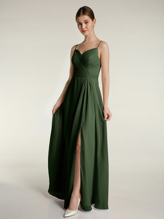 Vestidos largos de chiffon con tirantes finos y escote en corazón Verde Oliva