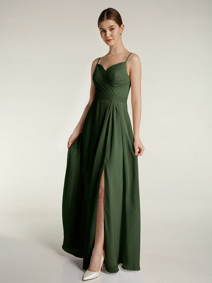 Vestidos largos de chiffon con tirantes finos y escote en corazón Verde Oliva Tallas Grandes