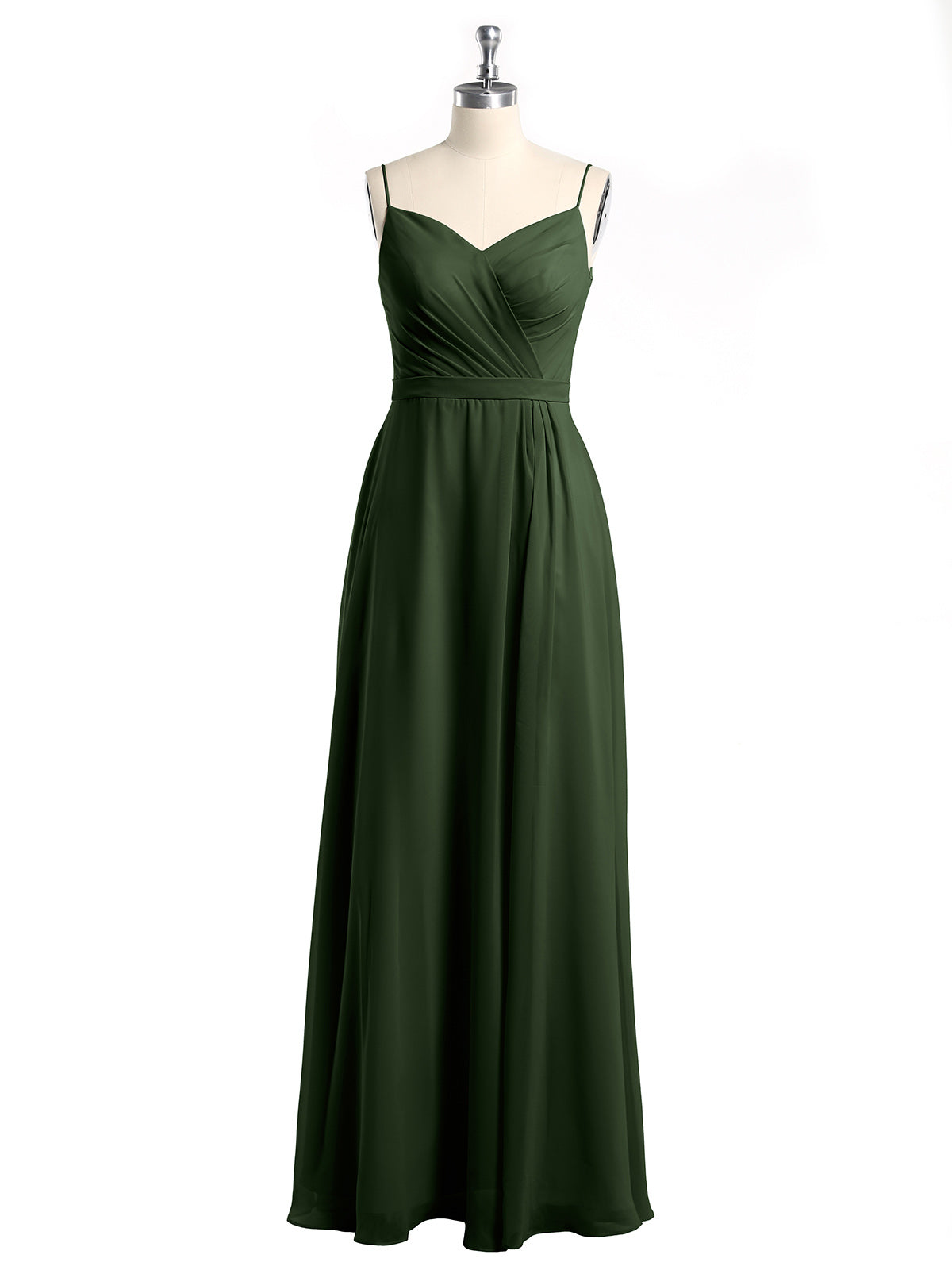 Vestidos largos de chiffon con tirantes finos y escote en corazón Verde Oliva Tallas Grandes