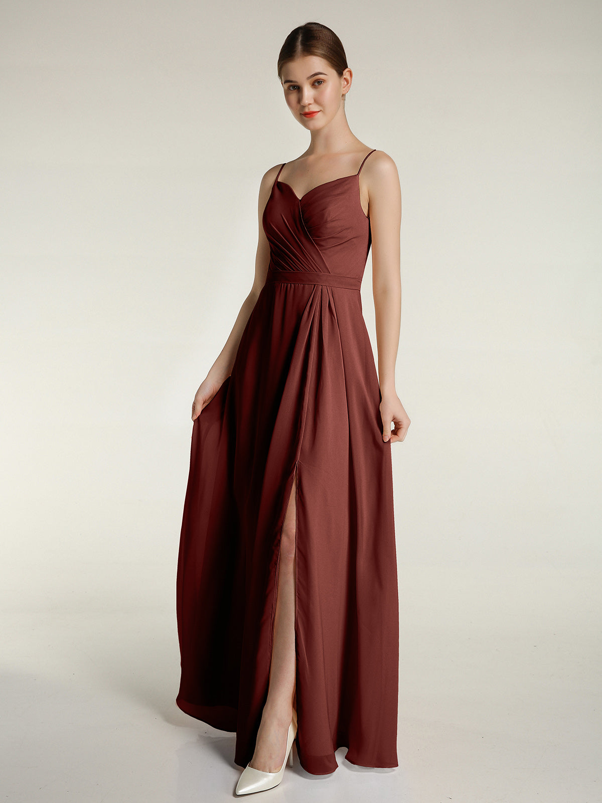 Vestidos largos de chiffon con tirantes finos y escote en corazón Terracota Tallas Grandes
