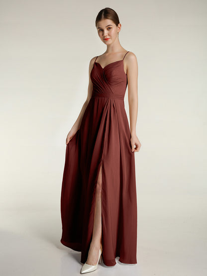 Vestidos largos de chiffon con tirantes finos y escote en corazón Terracota