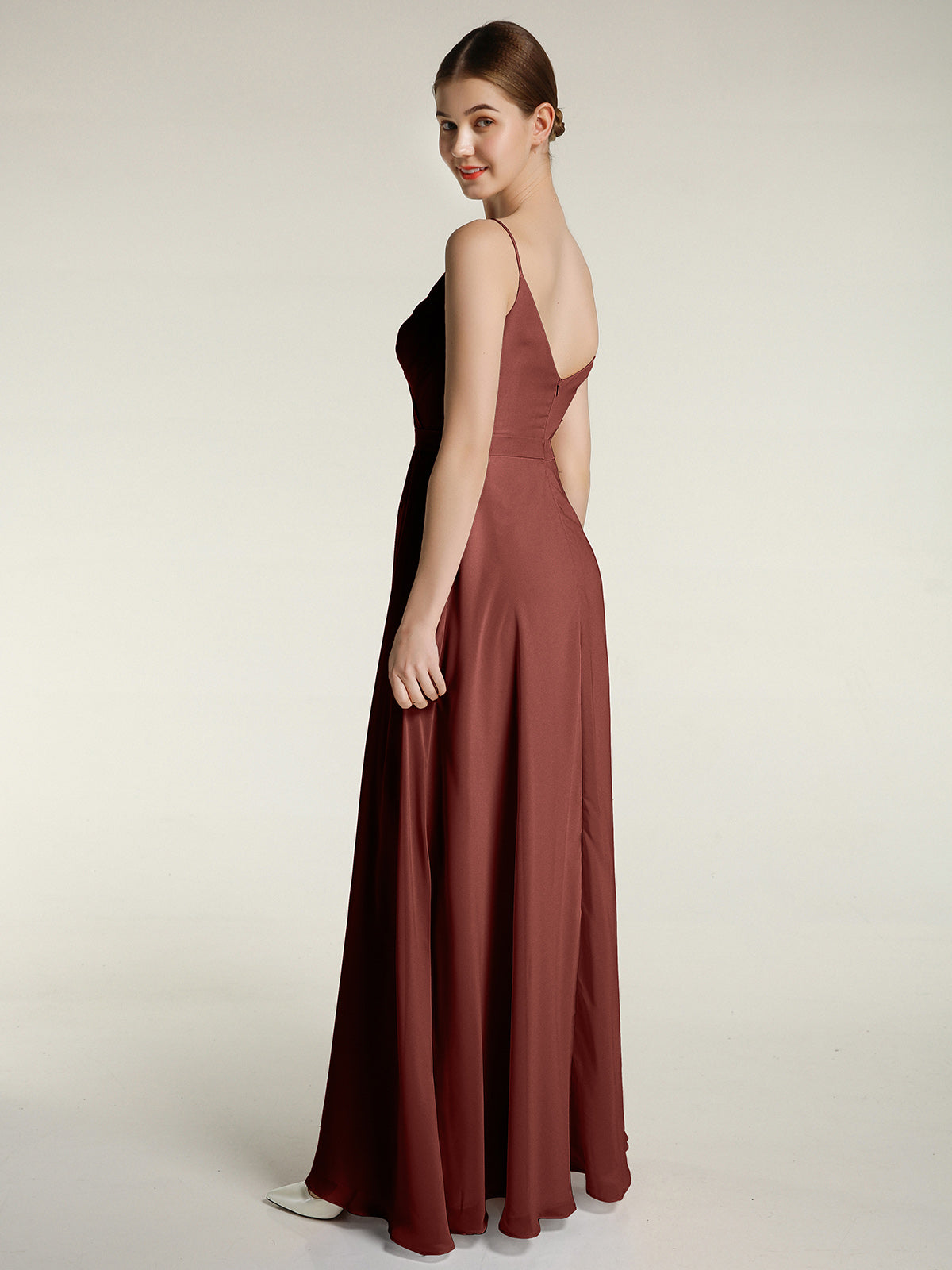 Vestidos largos de chiffon con tirantes finos y escote en corazón Terracota