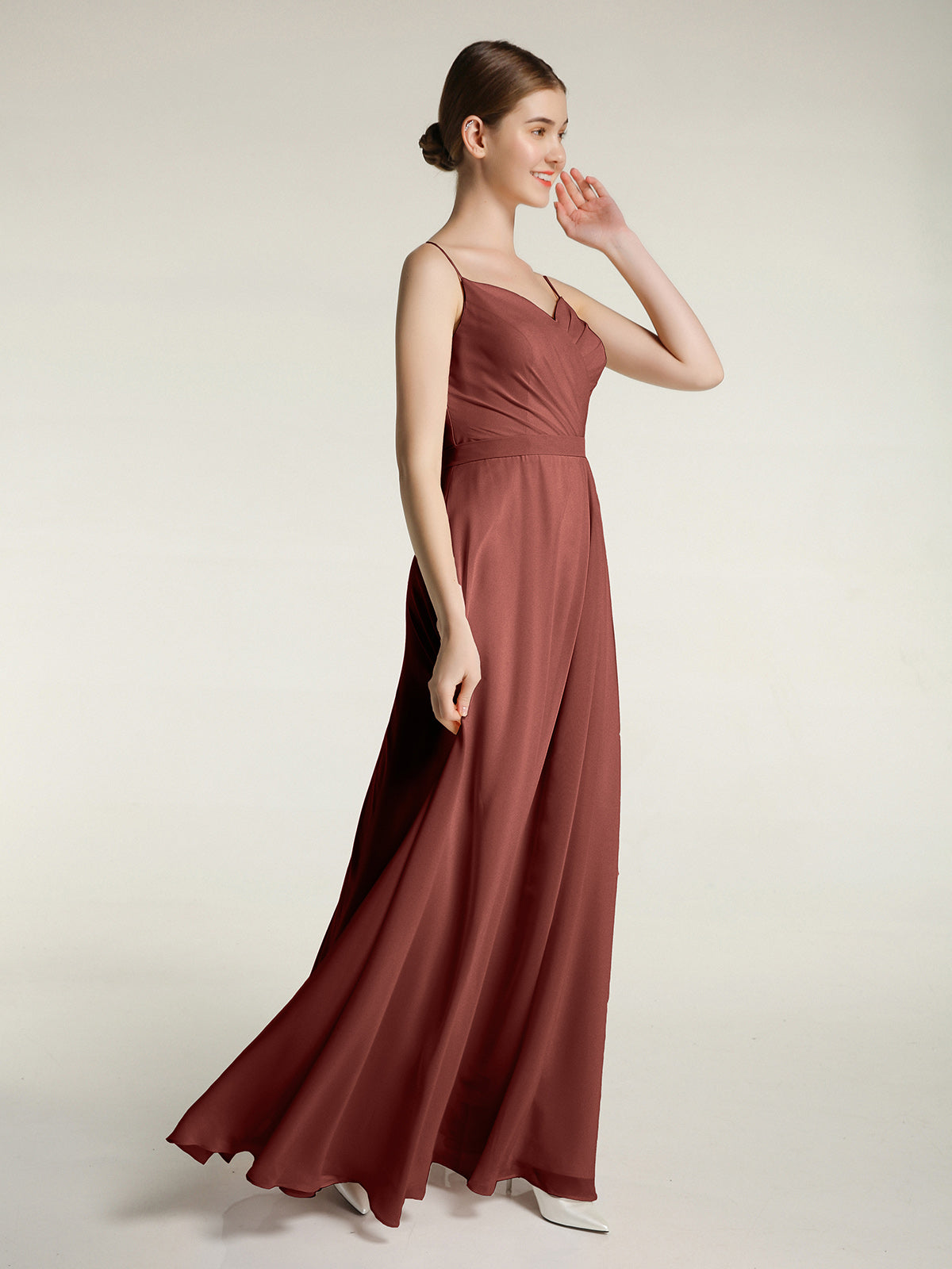 Vestidos largos de chiffon con tirantes finos y escote en corazón Terracota Tallas Grandes