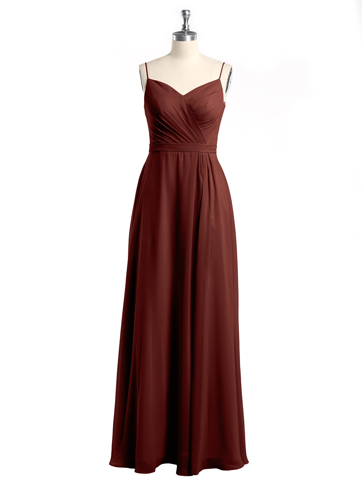 Vestidos largos de chiffon con tirantes finos y escote en corazón Terracota