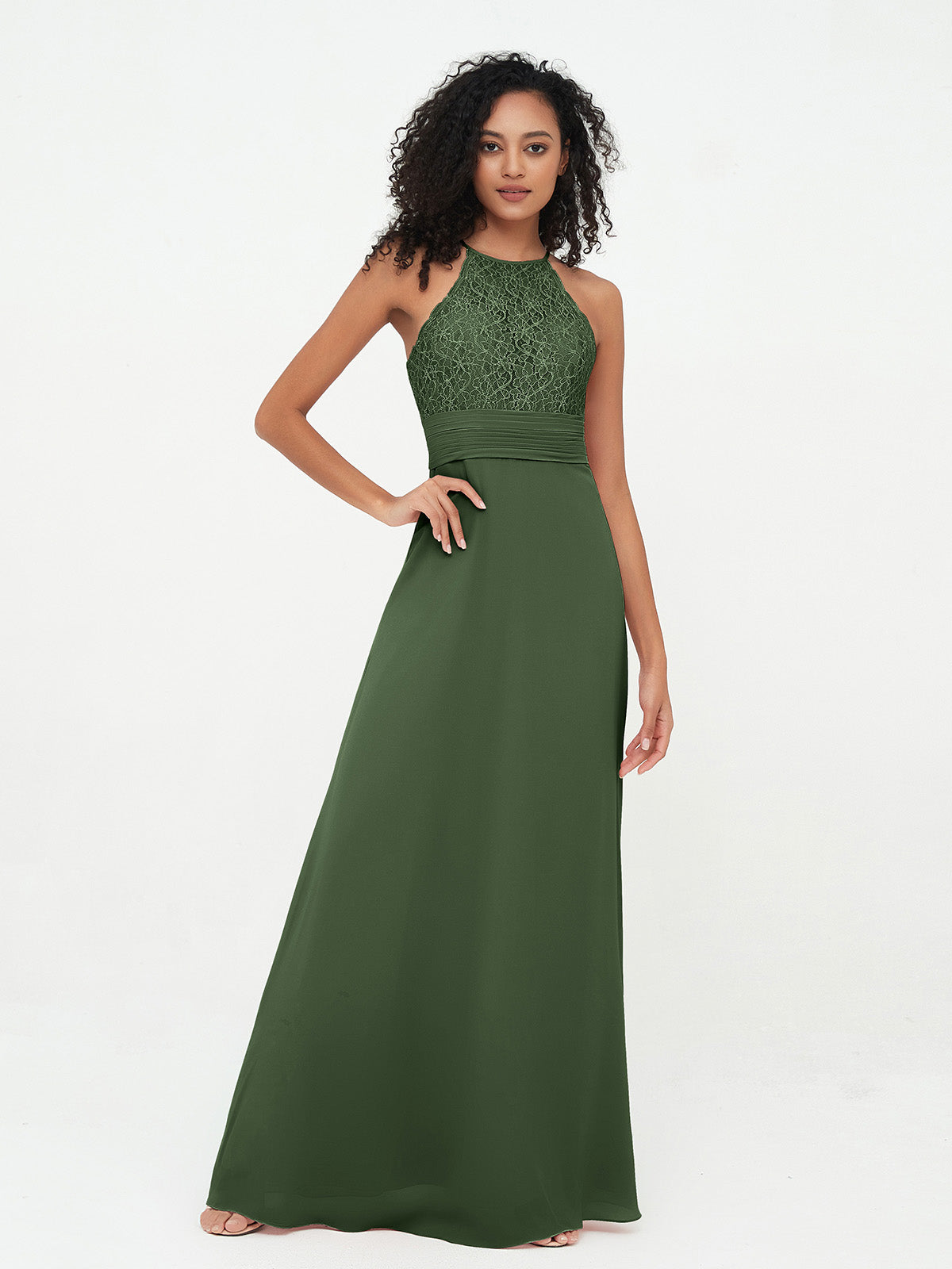 Vestidos de halter con top de encaje y espalda descubierta de gasa  Verde Oliva Tallas Grandes