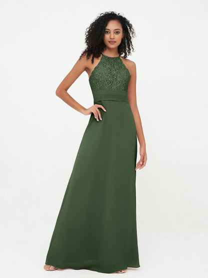 Vestidos de halter con top de encaje y espalda descubierta de gasa  Verde Oliva Tallas Grandes