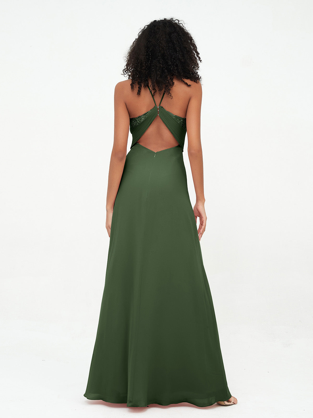 Vestidos de halter con top de encaje y espalda descubierta de gasa  Verde Oliva Tallas Grandes