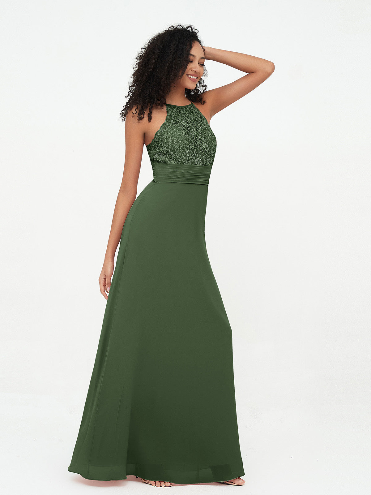 Vestidos de halter con top de encaje y espalda descubierta de gasa  Verde Oliva Tallas Grandes
