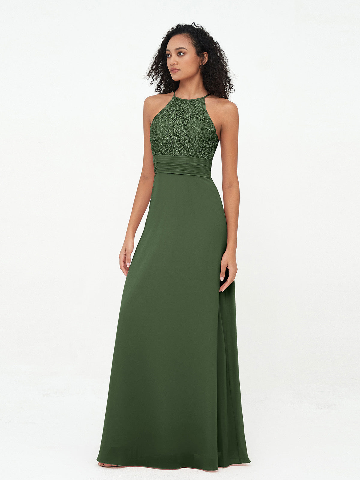 Vestidos de halter con top de encaje y espalda descubierta de gasa  Verde Oliva