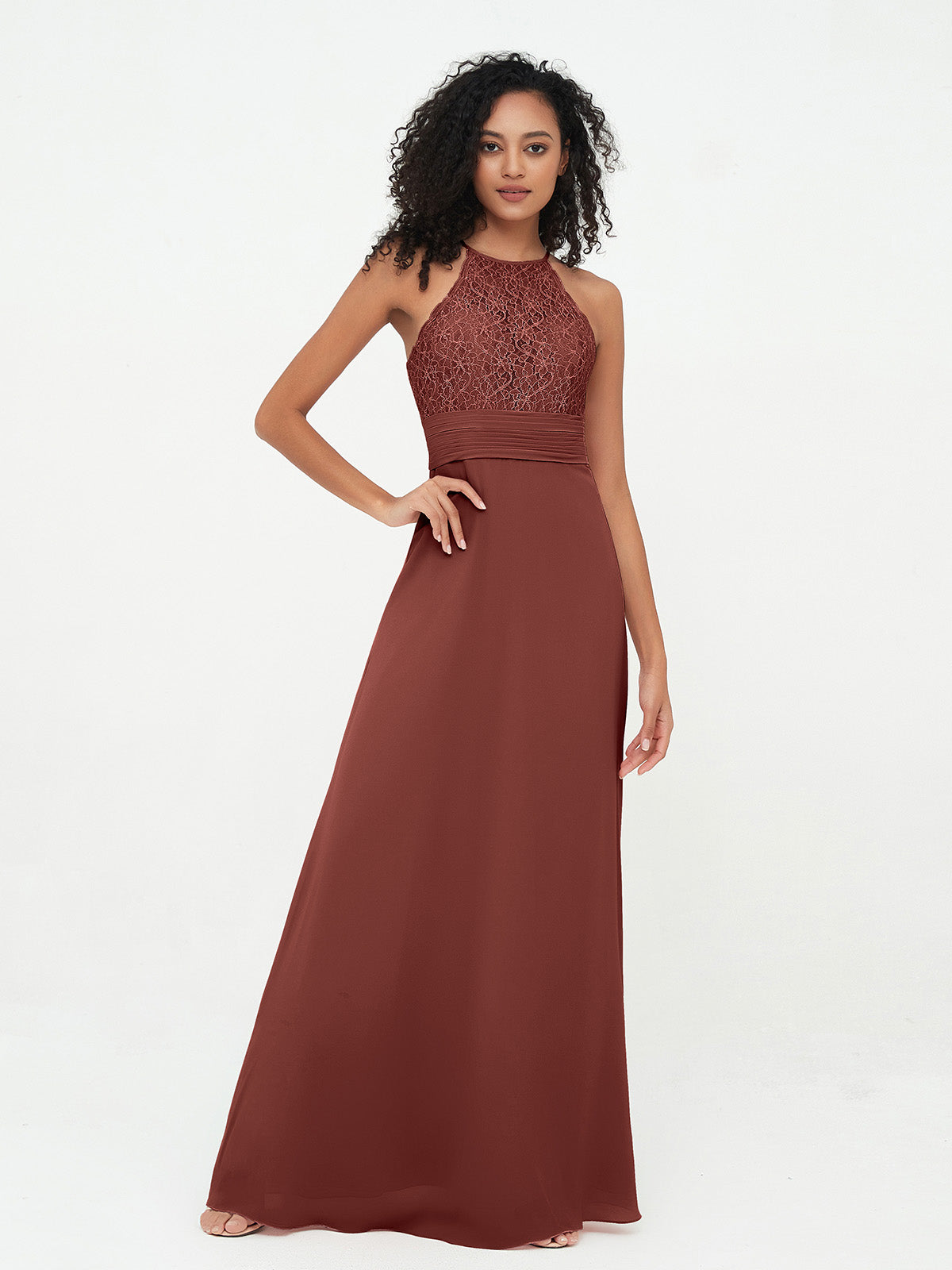 Vestidos de halter con top de encaje y espalda descubierta de gasa Terracota