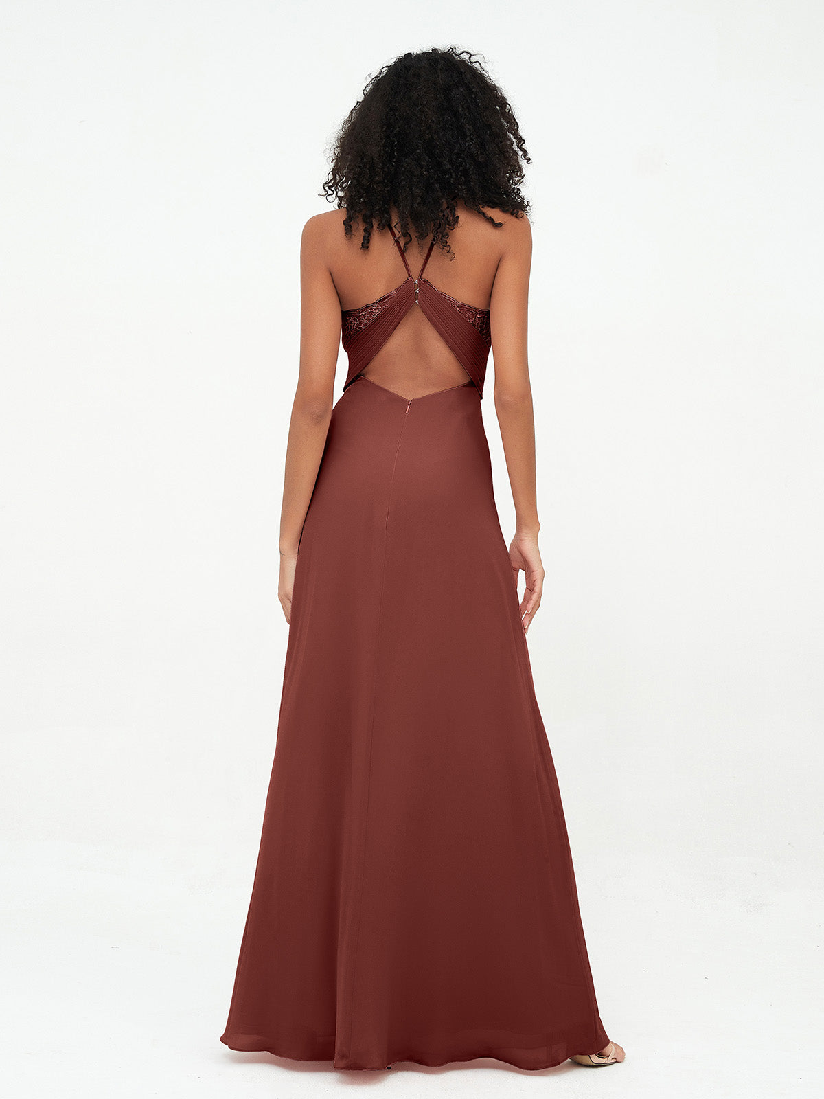 Vestidos de halter con top de encaje y espalda descubierta de gasa Terracota